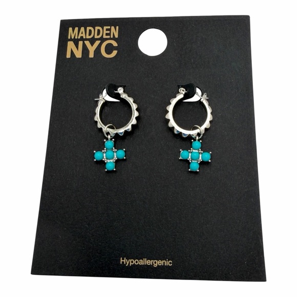 Silver Huggie Hoop Earrings Blue Cross Charm Dangle - Picture 4 of 10